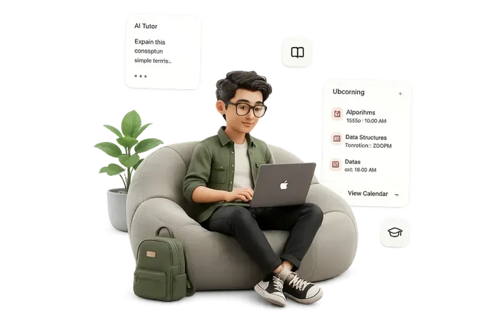 A student studying on a sofa with an AI tutor, upcoming schedule, and saved courses floating around them