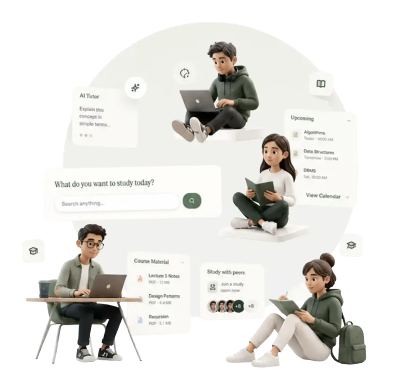 A connected study hub: four students around a central search, with an AI tutor, upcoming schedule, course materials, and a peer study group